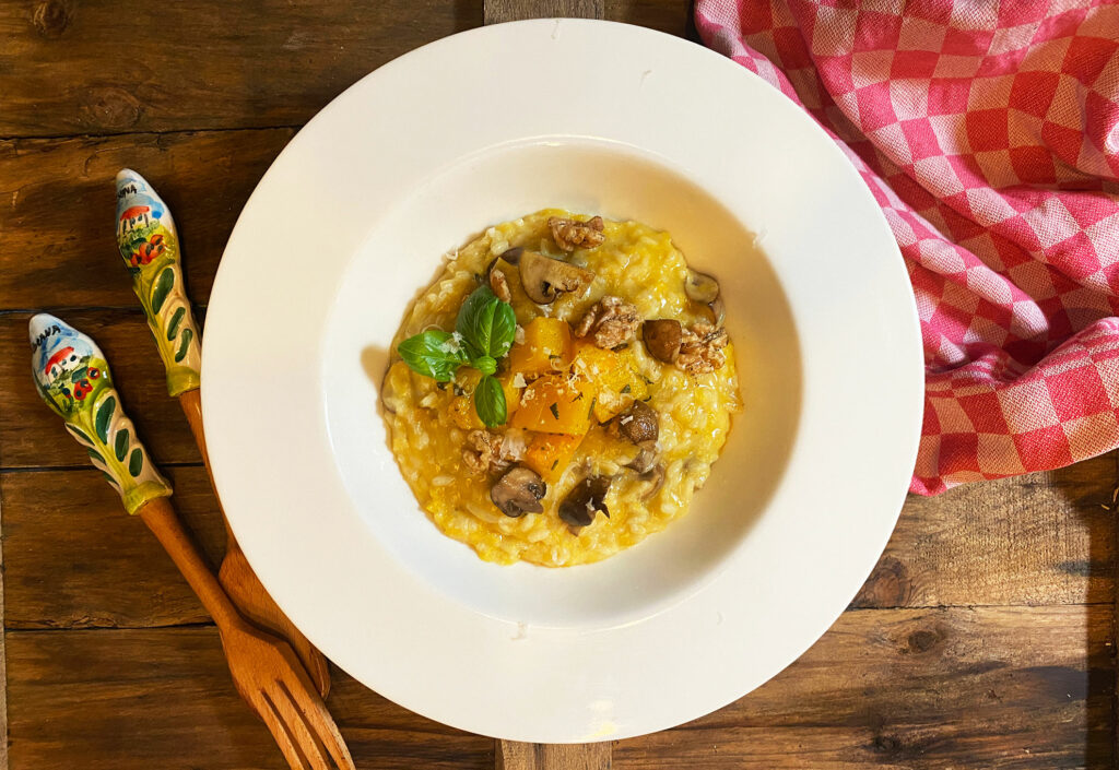 Risotto di Bologna met pompoen, walnoten en kastanjechampignons