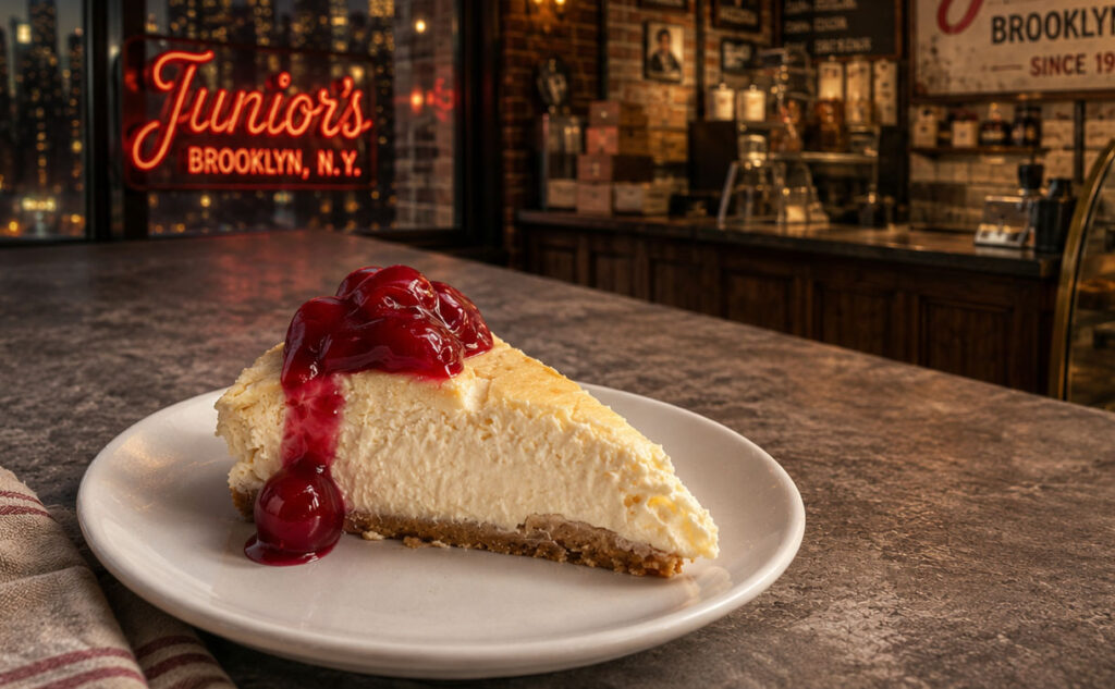 New York cheesecake met romige vulling en kersentopping