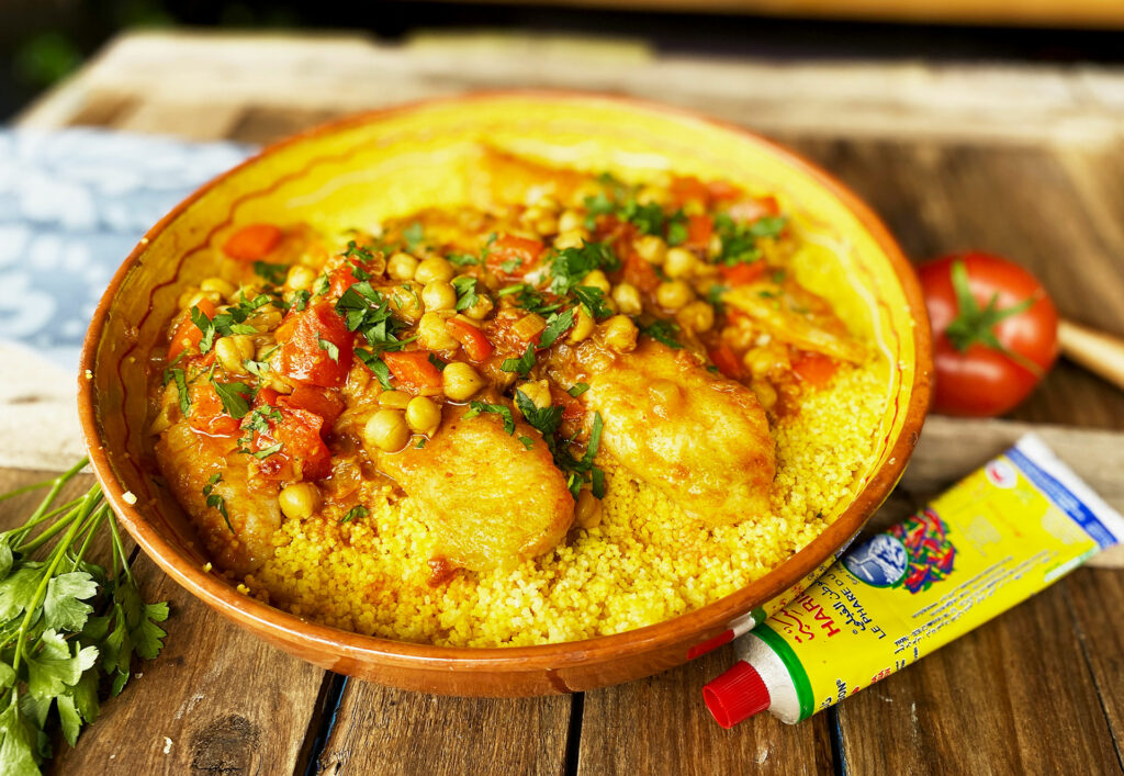 Marokkaanse visstoof met kikkererwten en harissa