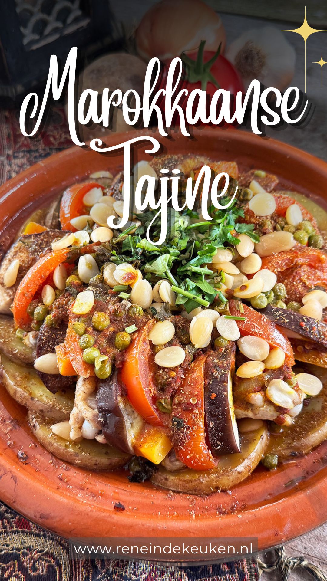 Moroccan chicken tagine with vegetables, almonds and fresh coriander