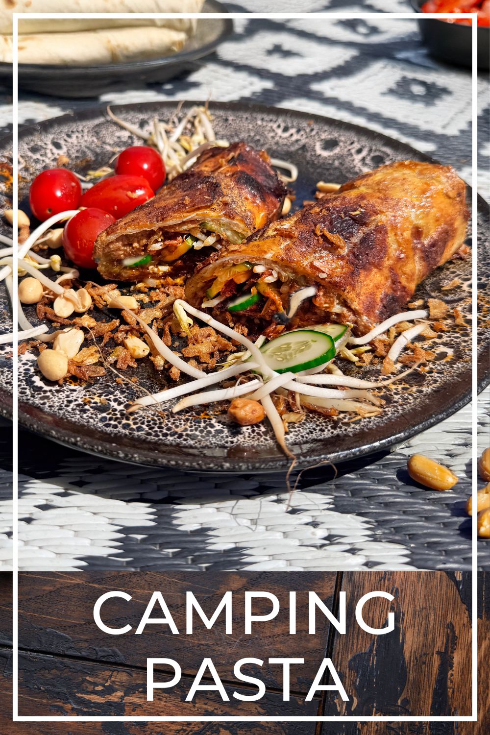 Indonesian-style camping wrap with peanut sauce and crispy toppings