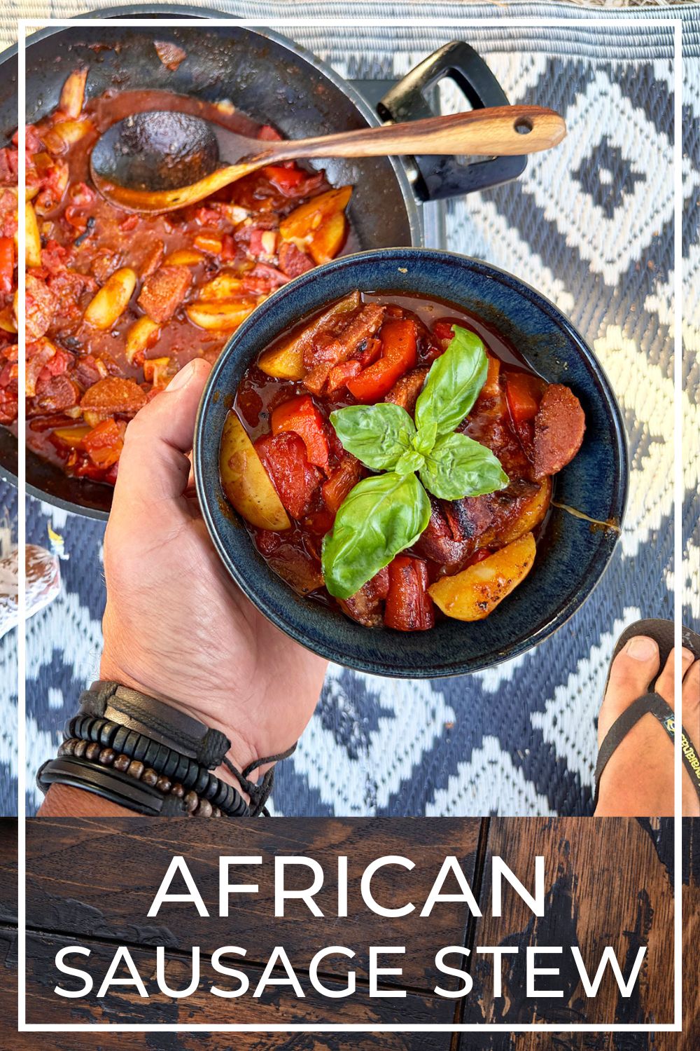 campfire sausage stew with potatoes and spicy tomato sauce