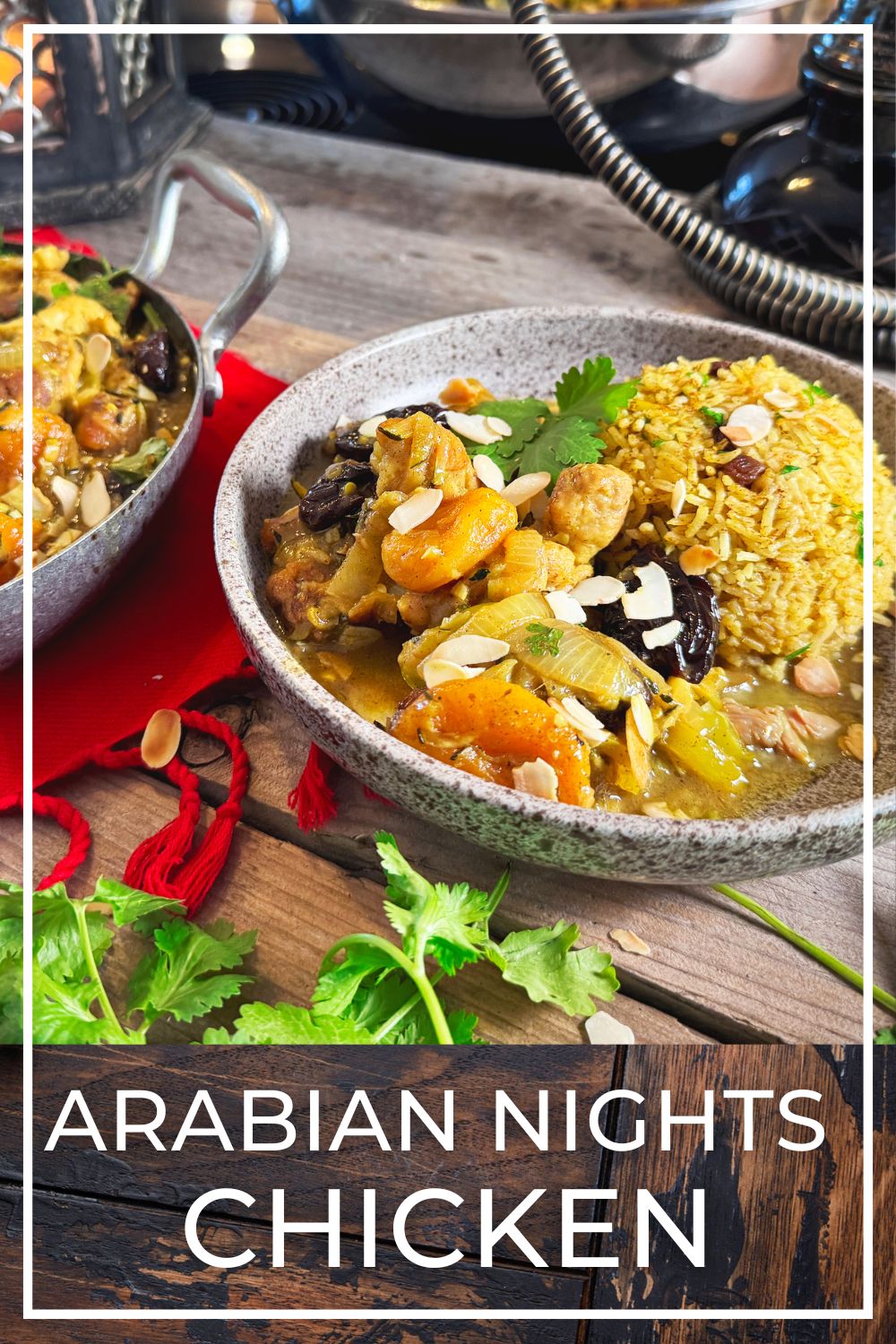 Middle Eastern chicken stew with apricots, almonds and spices