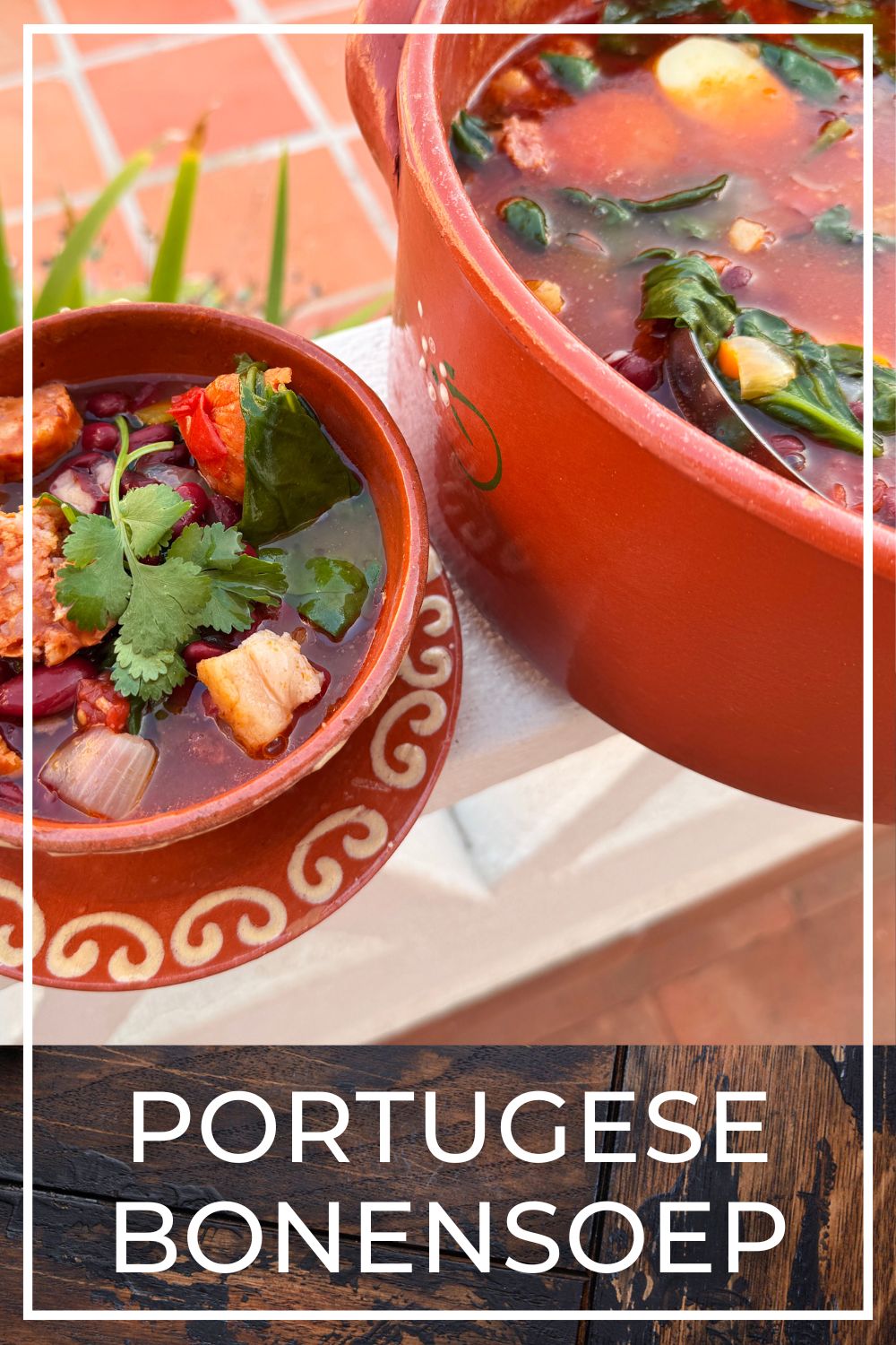 Portuguese bean soup (sopa de feijão) with chorizo and bacon in a bowl
