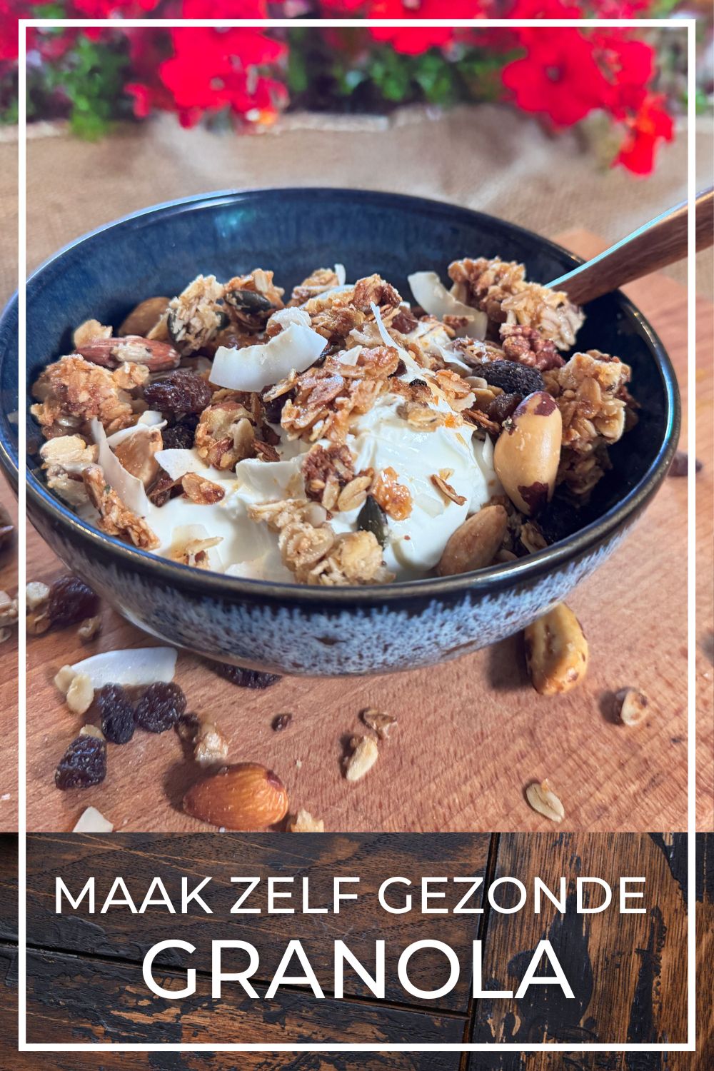 Homemade granola served in a jar with yogurt and fresh fruit