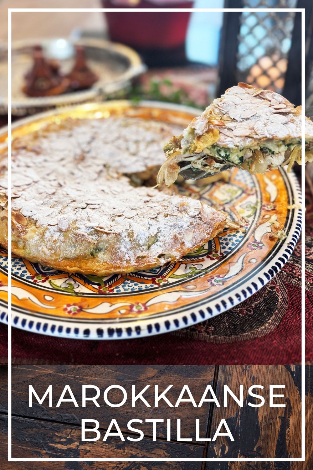 Traditional Moroccan bastilla with chicken, almonds and cinnamon powder