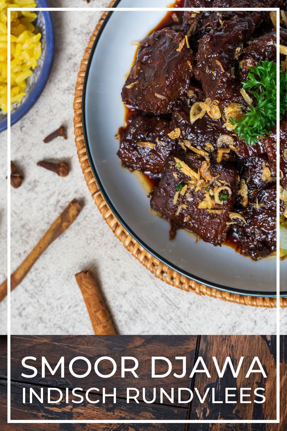 Indonesian braised beef with yellow rice and green beans