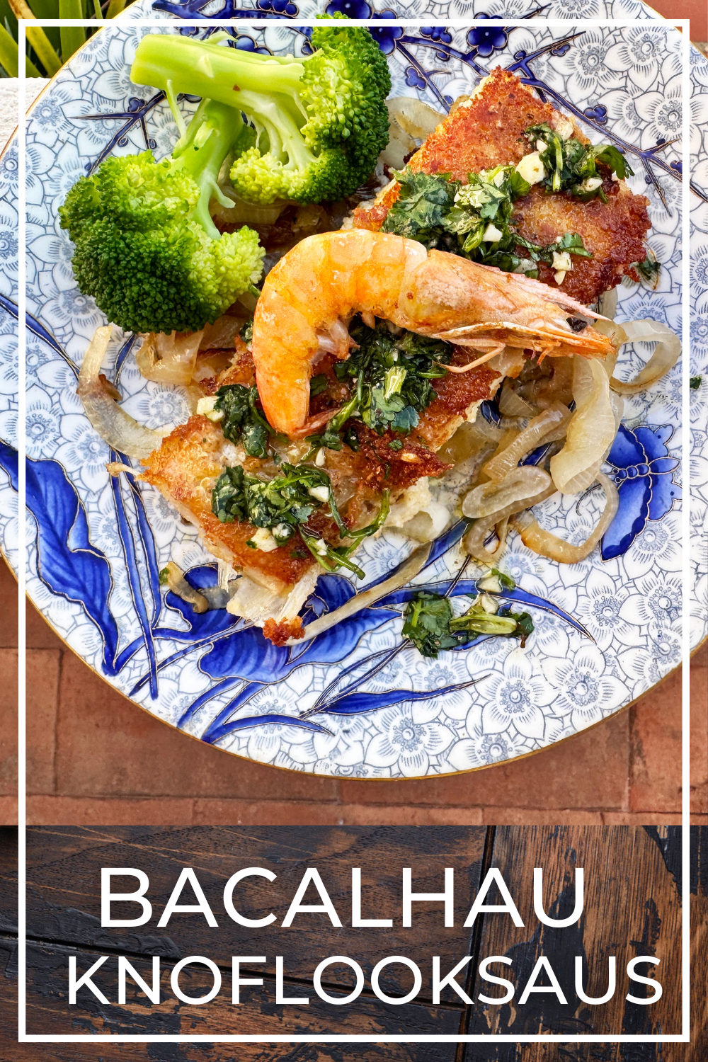 Crispy bacalhau with garlic and coriander sauce served on caramelized onions