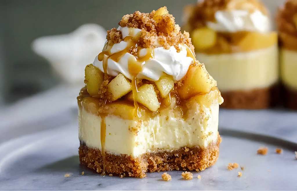 Mini karamel-appel cheesecakes met kruimeldeeg en toffee