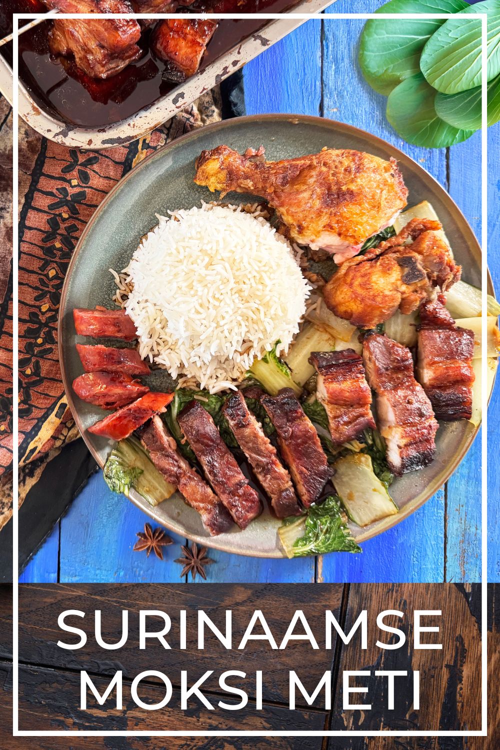 Moksi Meti with pork belly, chicken and bok choy served with rice