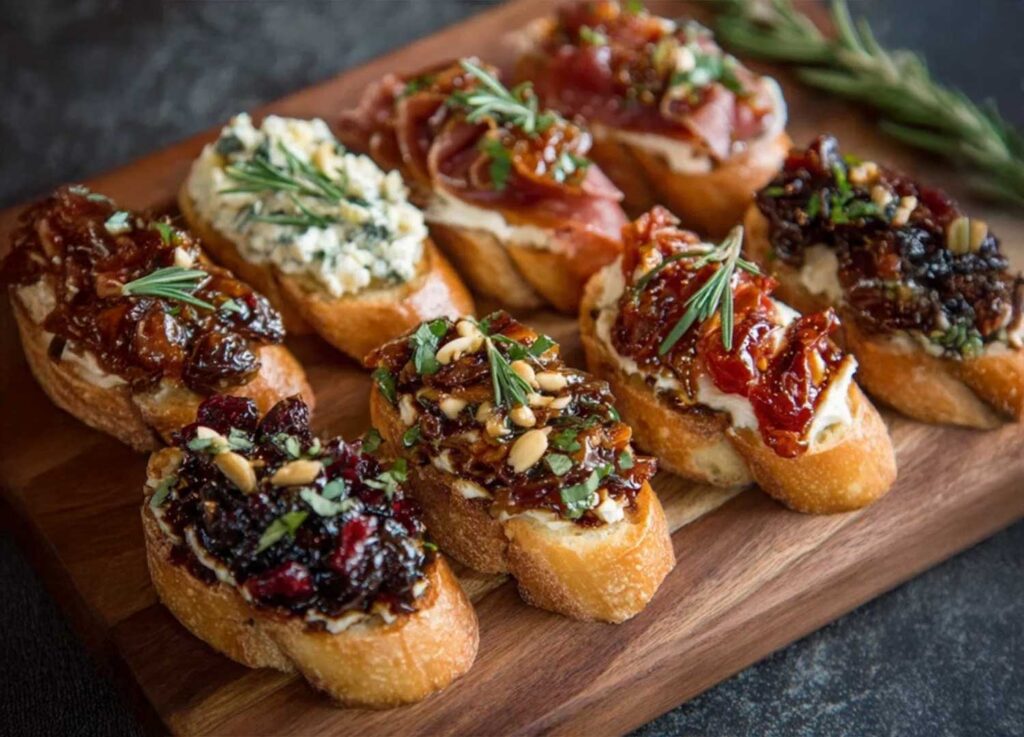 Drie bruschetta met prosciutto, abrikozen, pistachenoten en cranberry-topping