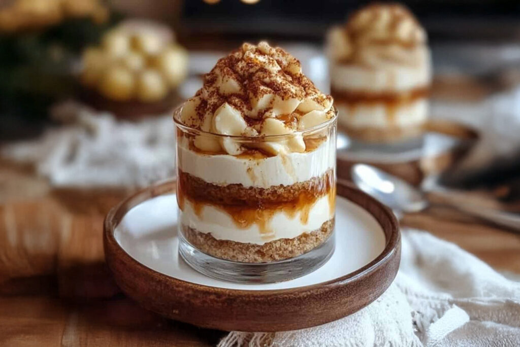 Karamel-tiramisu met appel op wit bord