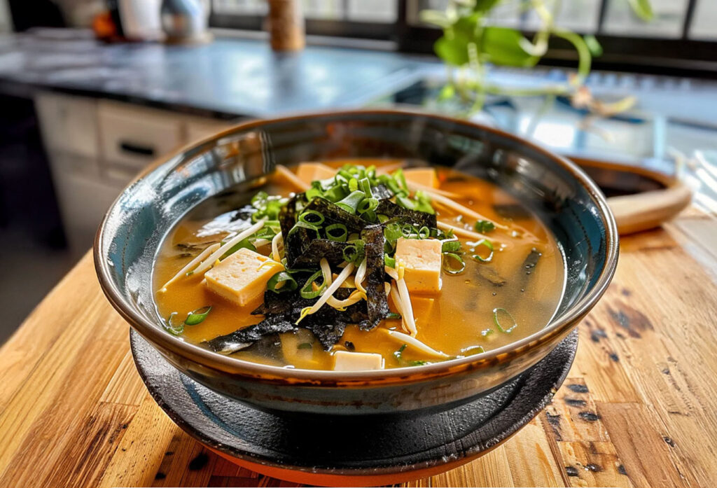 Kom miso dashi soep met tofu en wakame