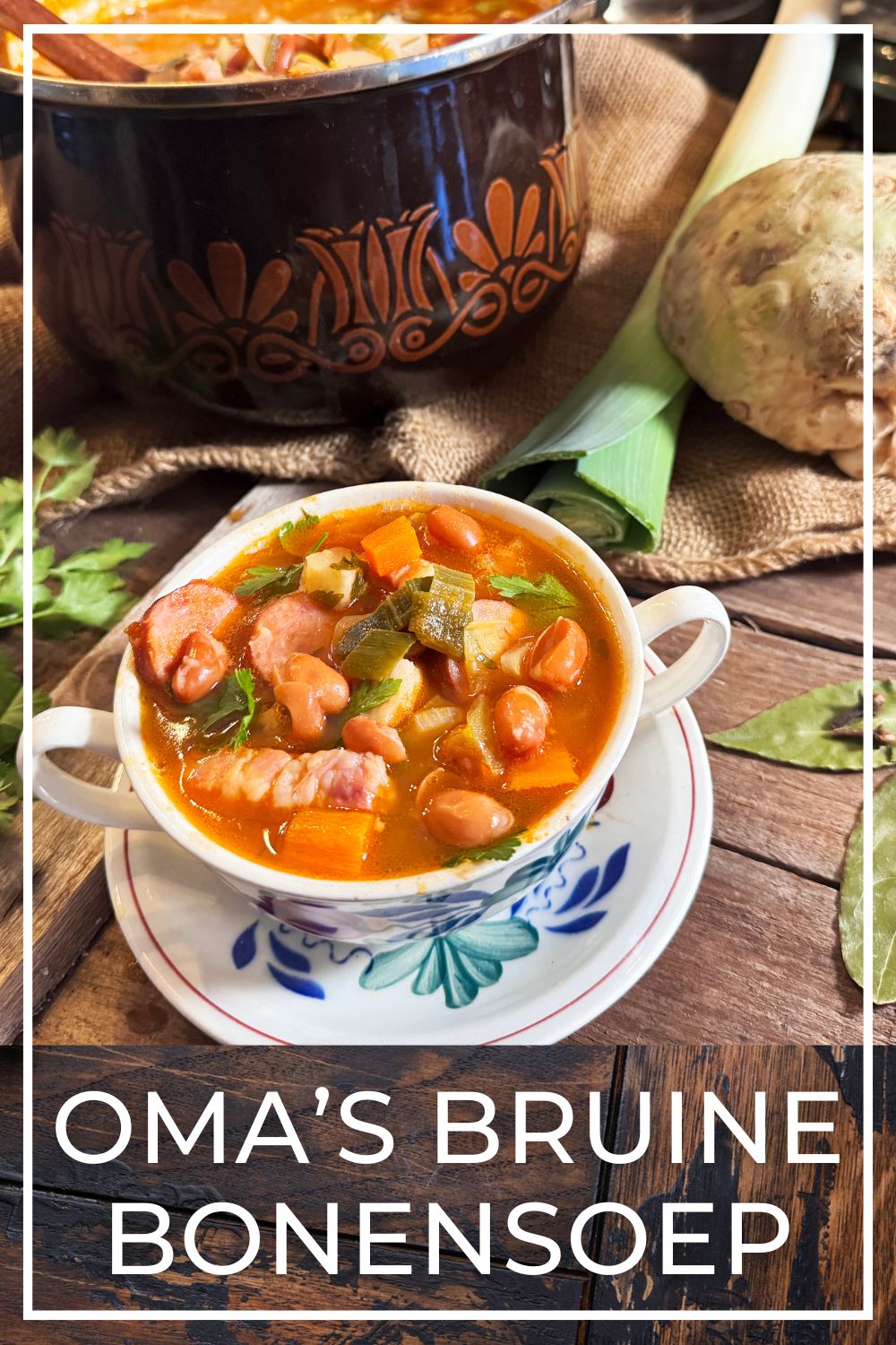 Traditional Dutch brown bean soup with smoked sausage and vegetables