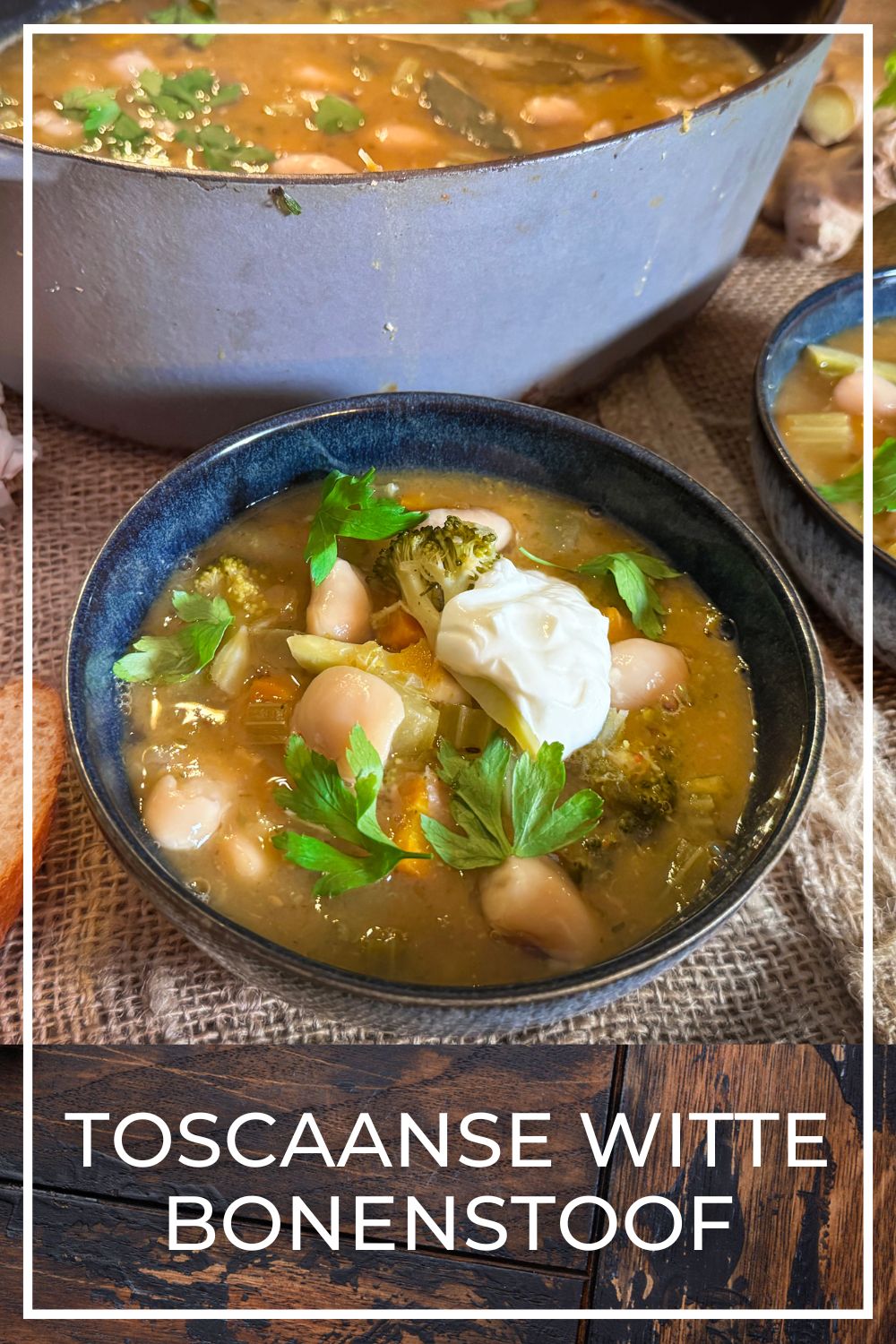 Vegetarian Tuscan white bean stew with pumpkin, broccoli and miso