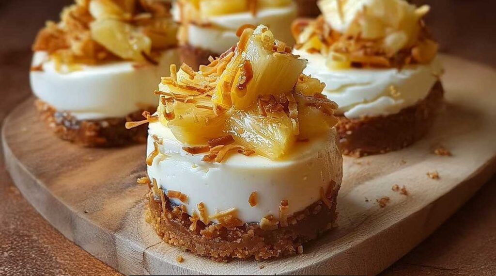 Mini cheesecakes met ananas en kokosrasp op een bord
