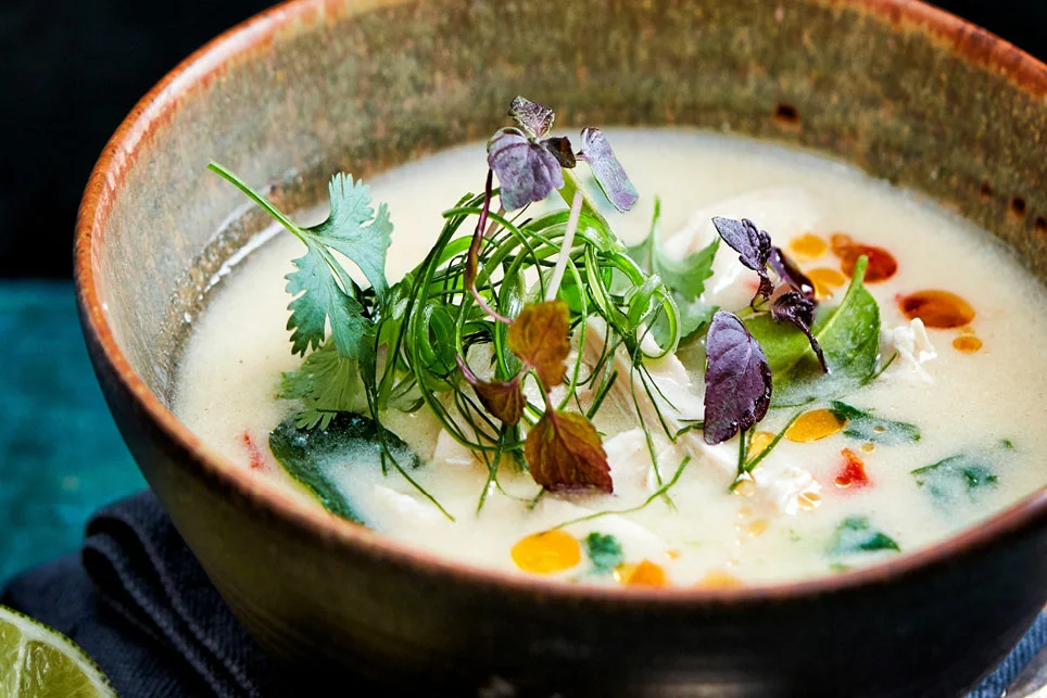 Kom met Tom Kha Kai soep met kip en koriander