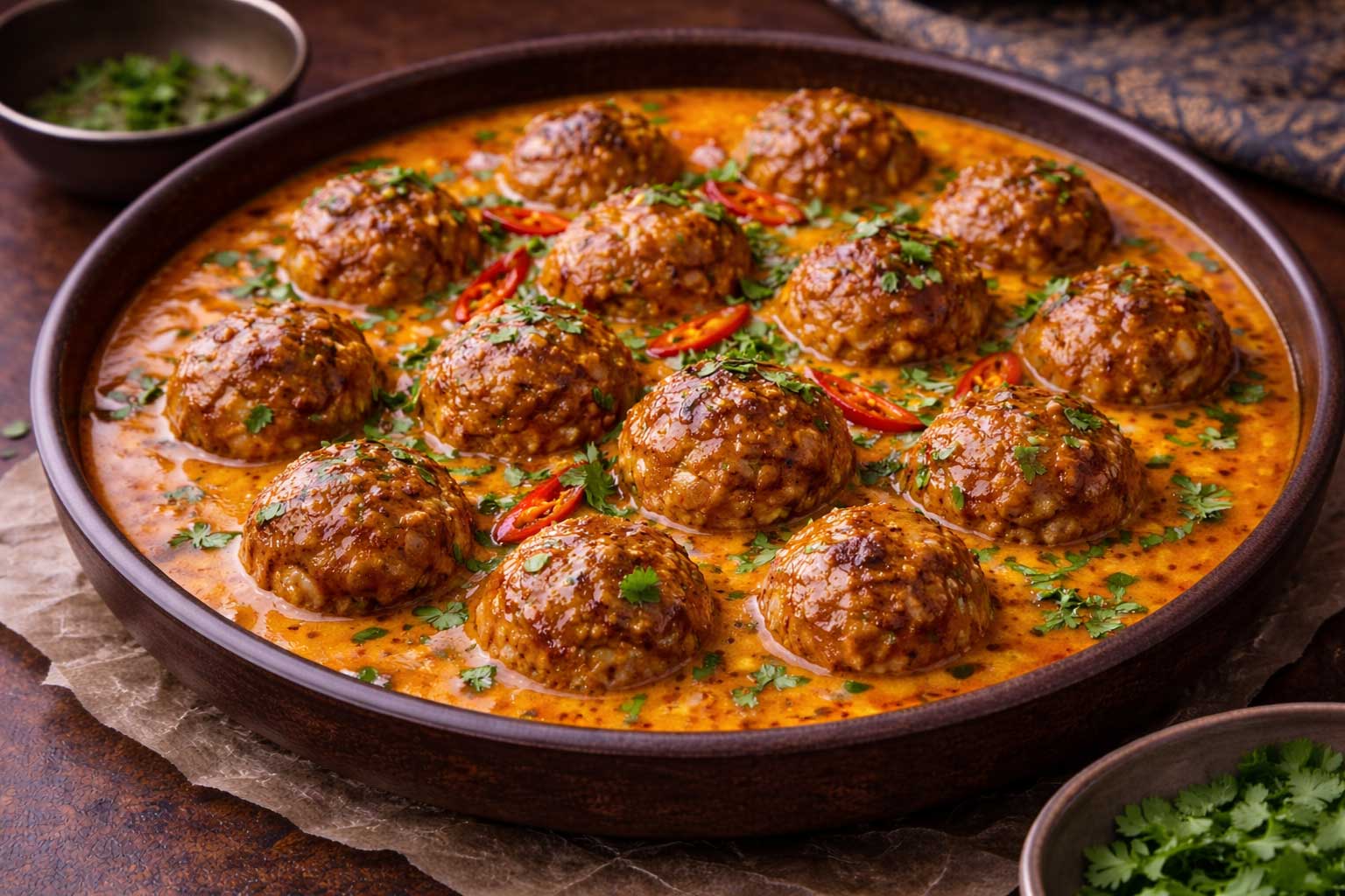 Indiase gehaktballetjes in currysaus