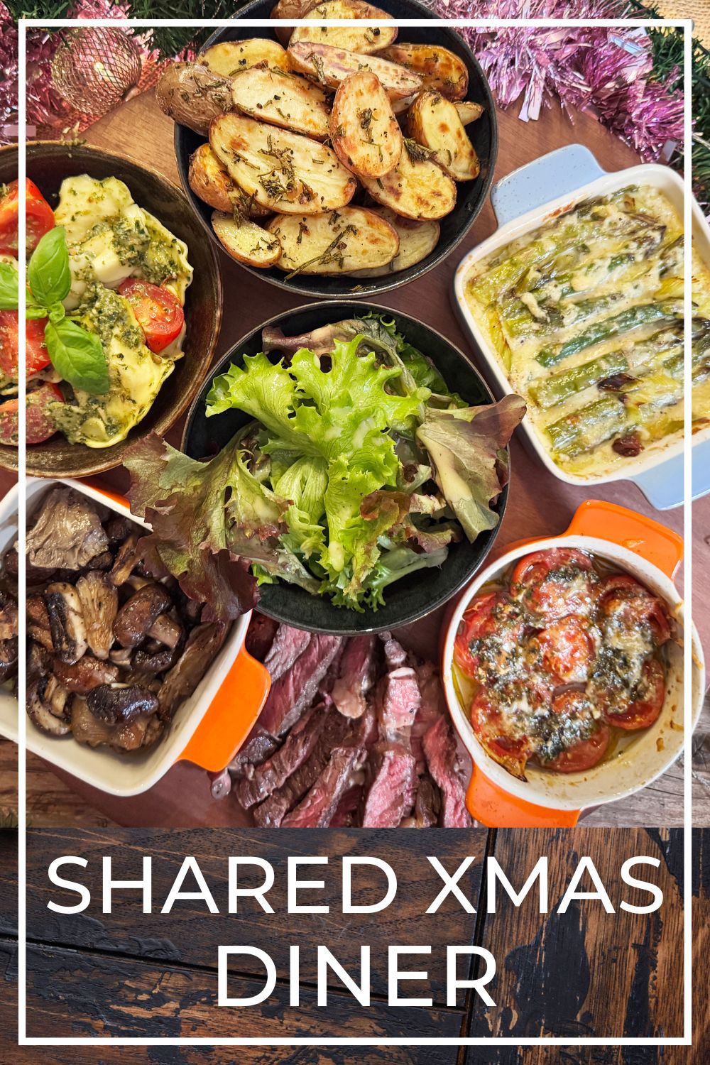 Shared Christmas dinner main course with multiple shareable dishes.