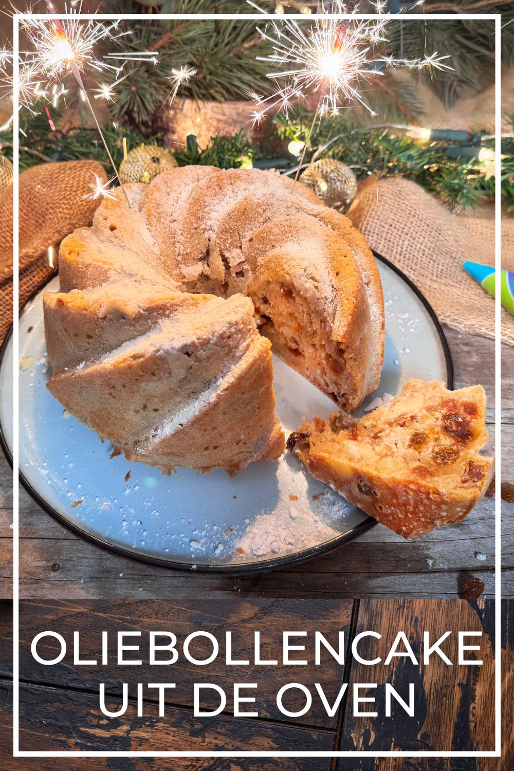 Oven baked Dutch oliebollen cake dusted with powdered sugar.