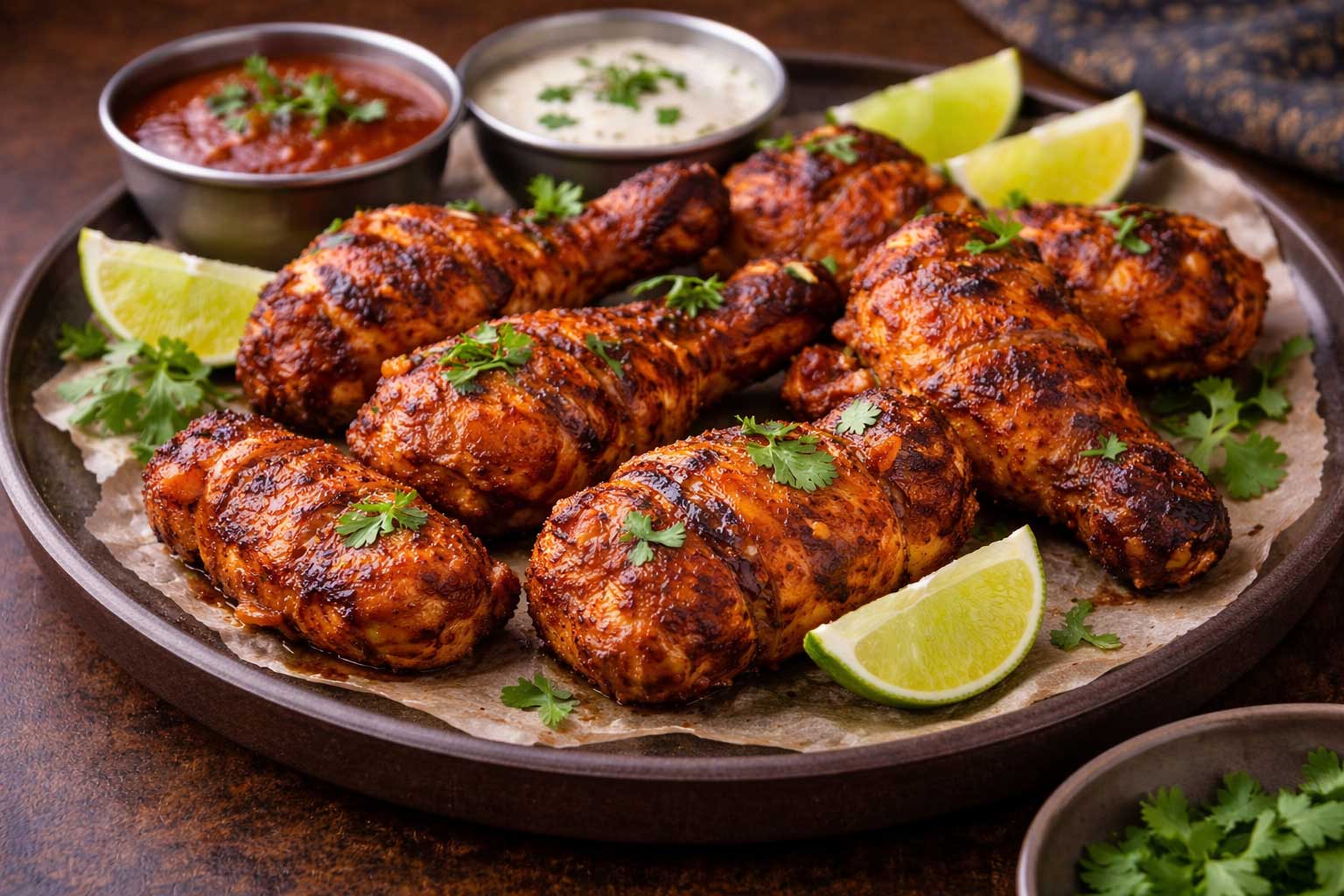 Tandoori chicken (gegrilde kip, tandoori) € 3,00 p.p.