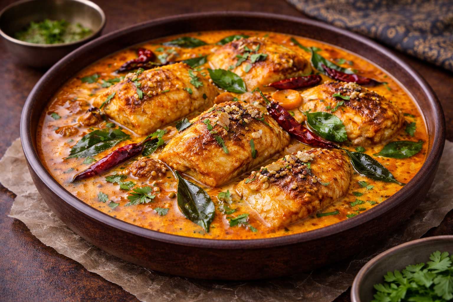 Zuid-Indiase vis curry (vis in kokoscurrysaus) € 3,50 p.p.