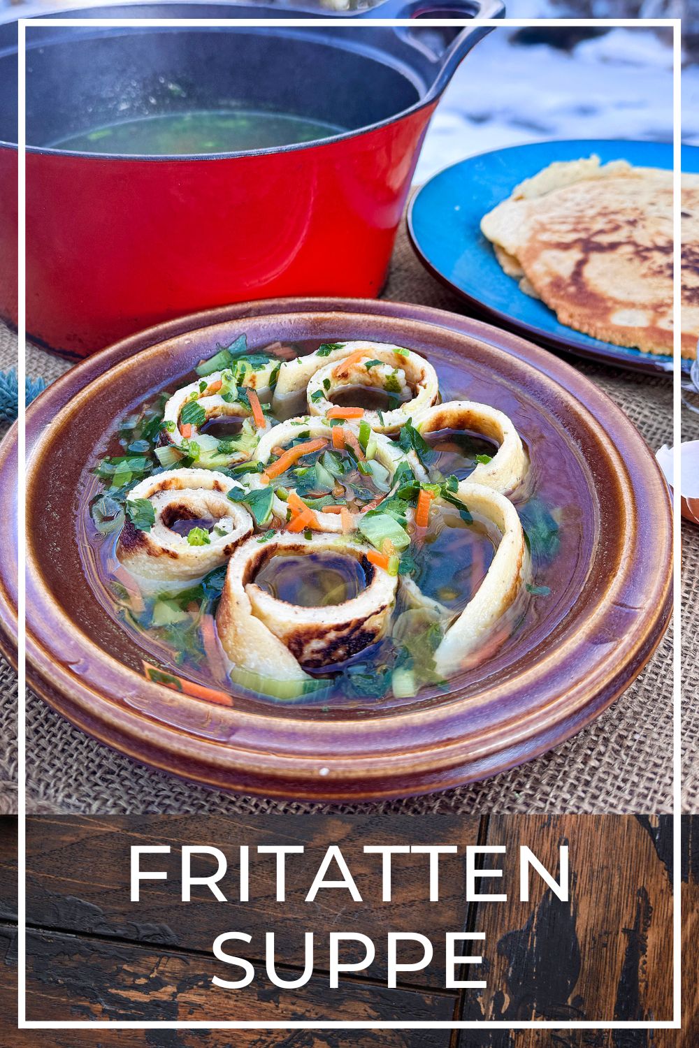 ustrian frittatensuppe with pancake strips cooked outdoors in the snow.