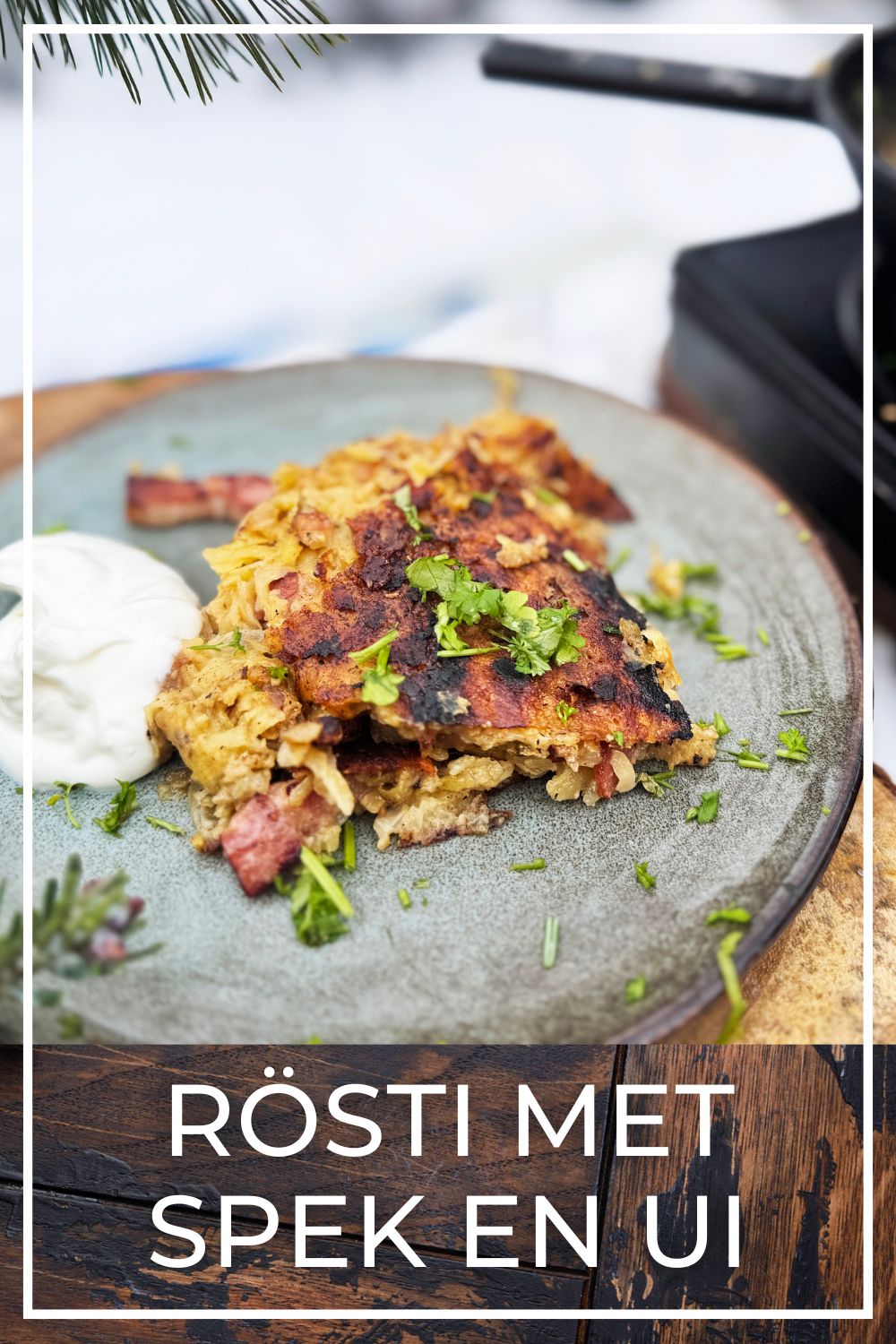Alpine rösti with bacon and onion cooked outdoors in the snow.