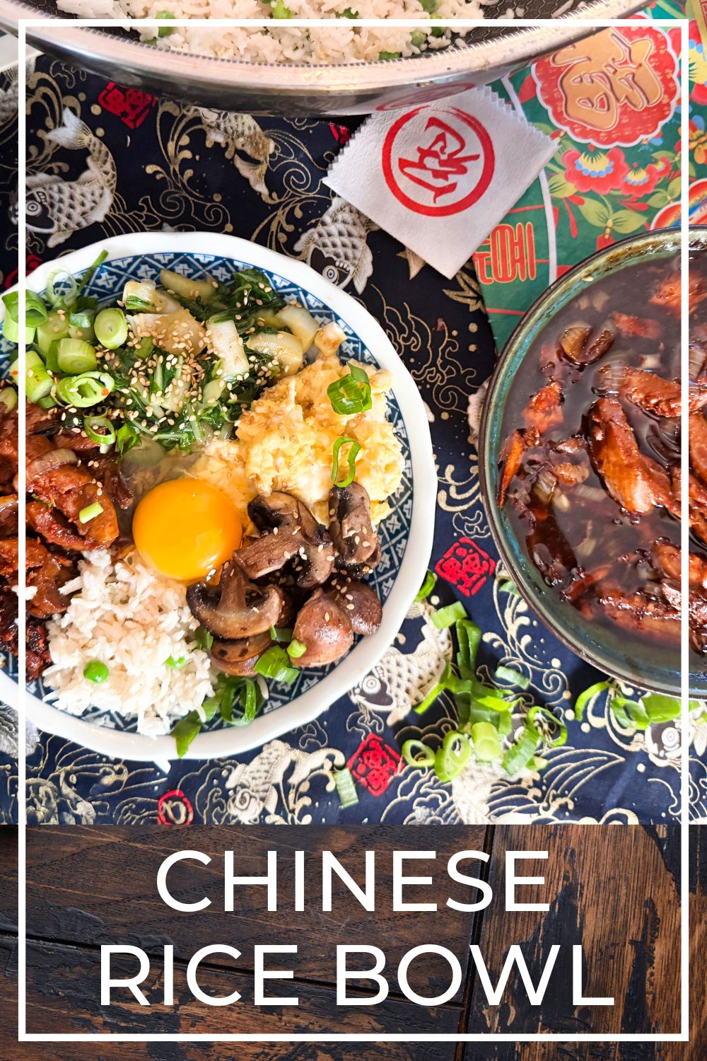 Chinese style rice bowl with chicken, bok choy and crispy chili oil.