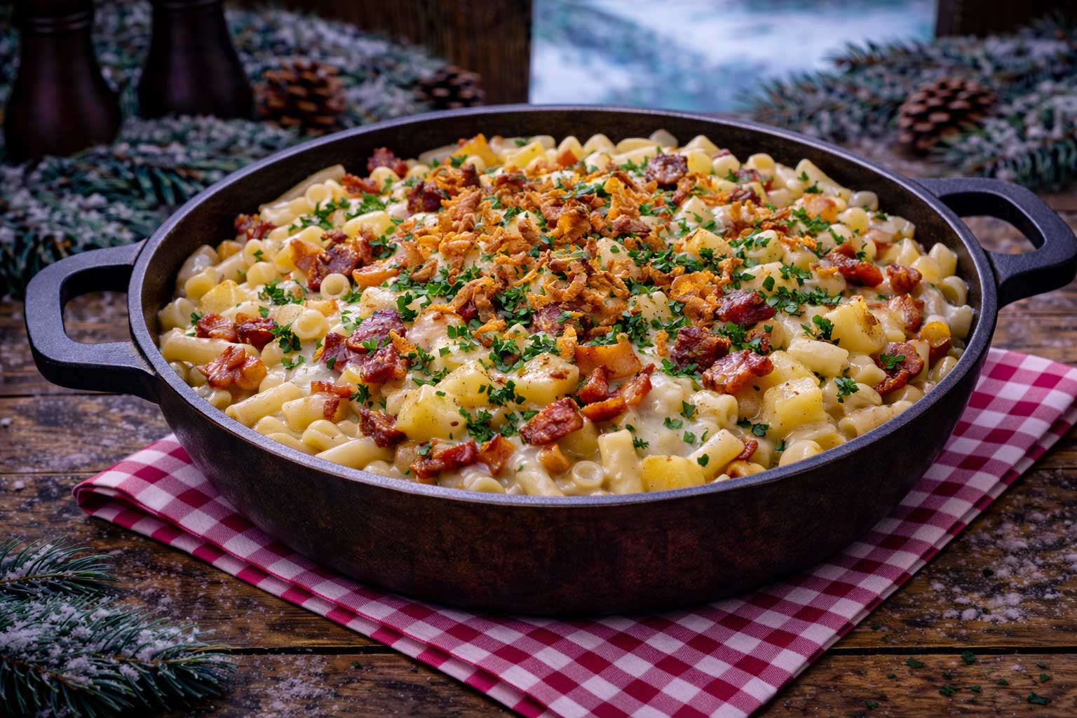 Älplermakkaroni (Alpenpasta met kaas) € 3,00 p.p.