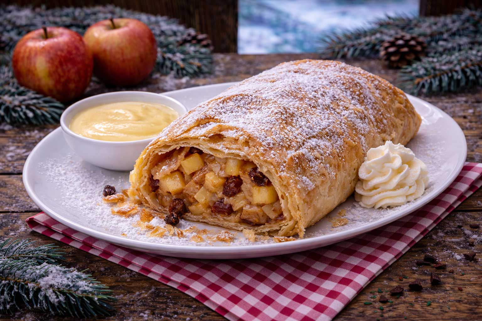 Apfelstrudel. Stuk voor 6 pers. € 25,-