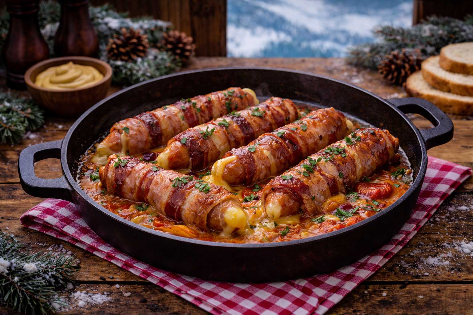 Berner Würstl (kaasworst in spek) € 3,50 p.p.