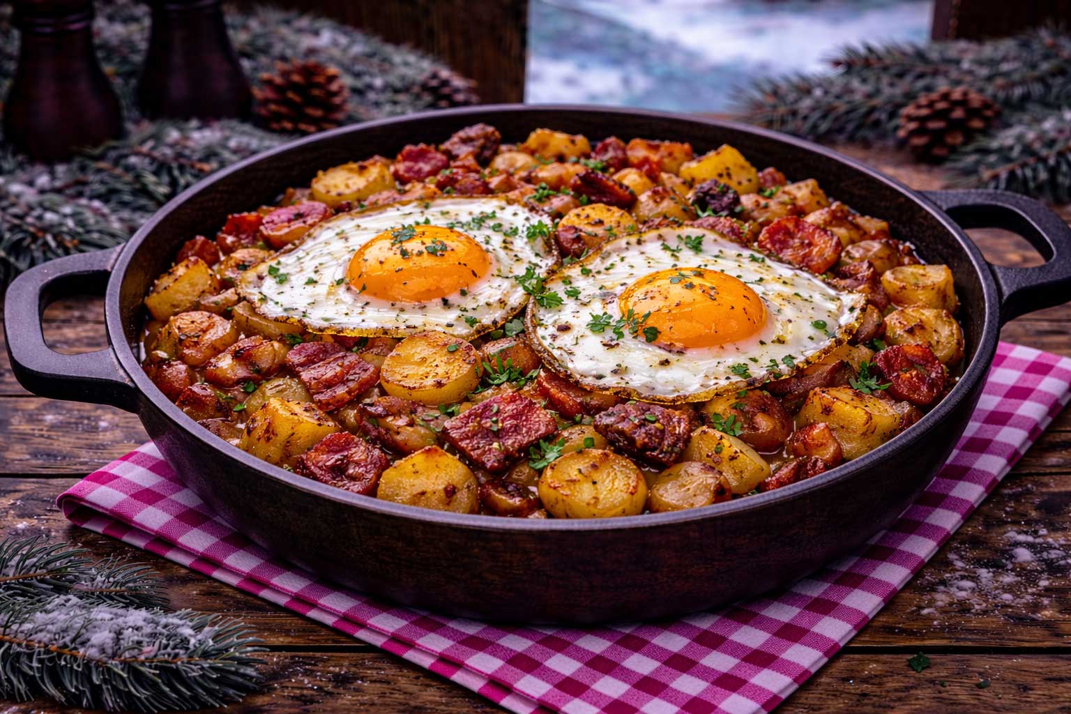 Tiroler Gröstl (gebakken aardappel met vlees) € 3,50 p.p.