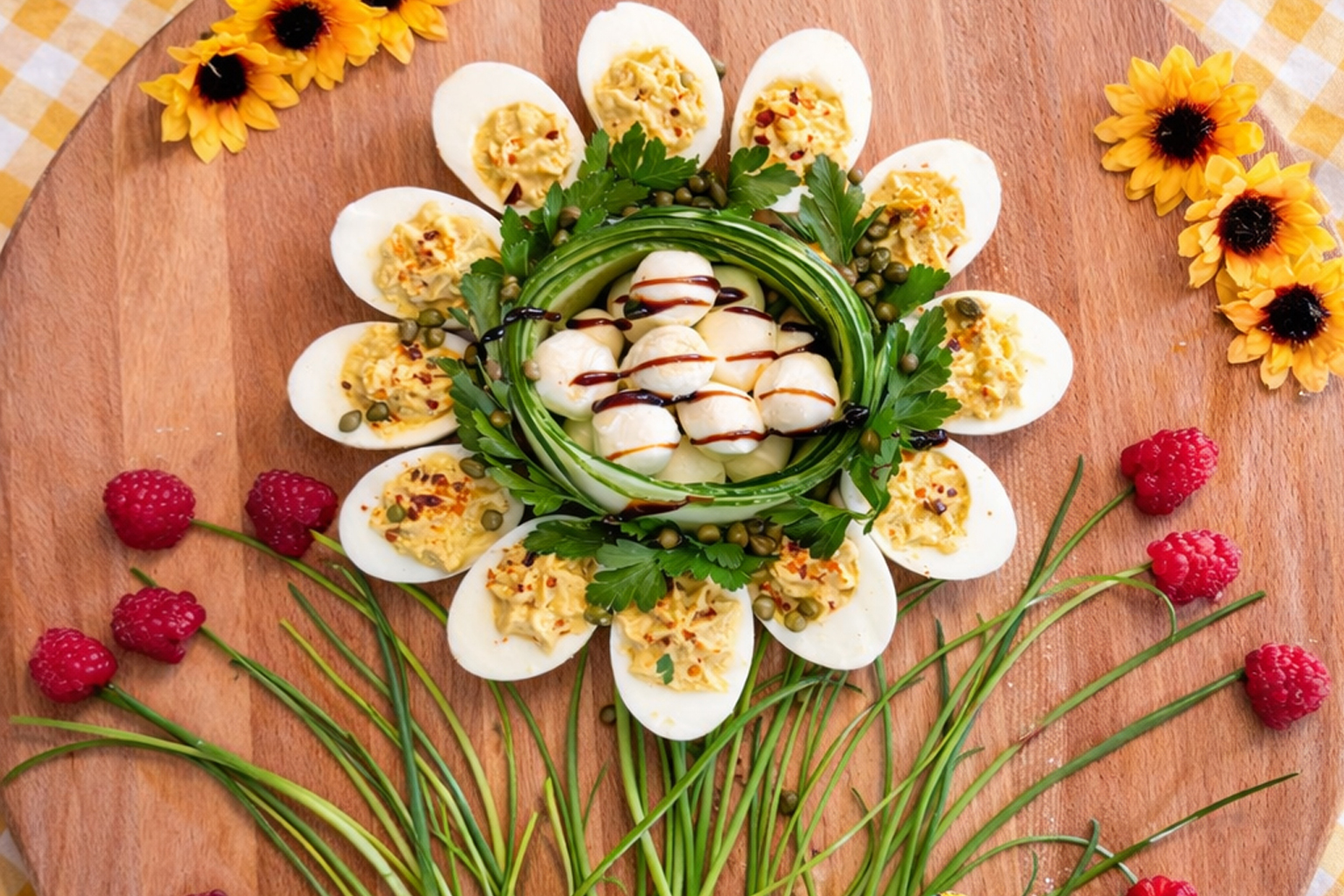 Paas borrelplank met deviled eggs en mozzarella