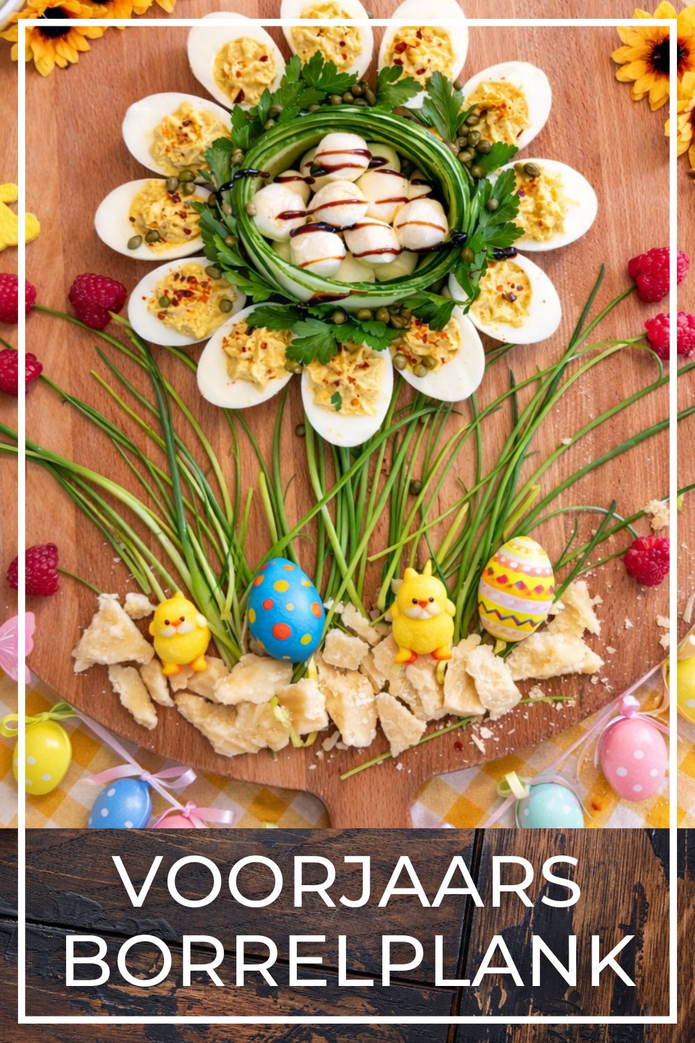 Easter snack board with deviled eggs and mozzarella