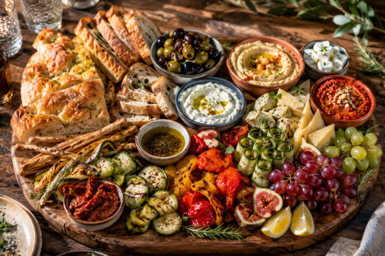 Mediterrane basis borrelplank met hummus, focaccia en antipasti