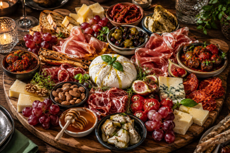 Luxe mediterrane borrelplank met charcuterie, burrata en warme shared bites