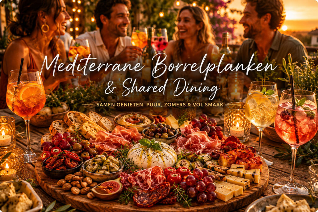 Mediterrane shared dining tafel met spritz cocktails en luxe borrelplanken tijdens zomeravond
