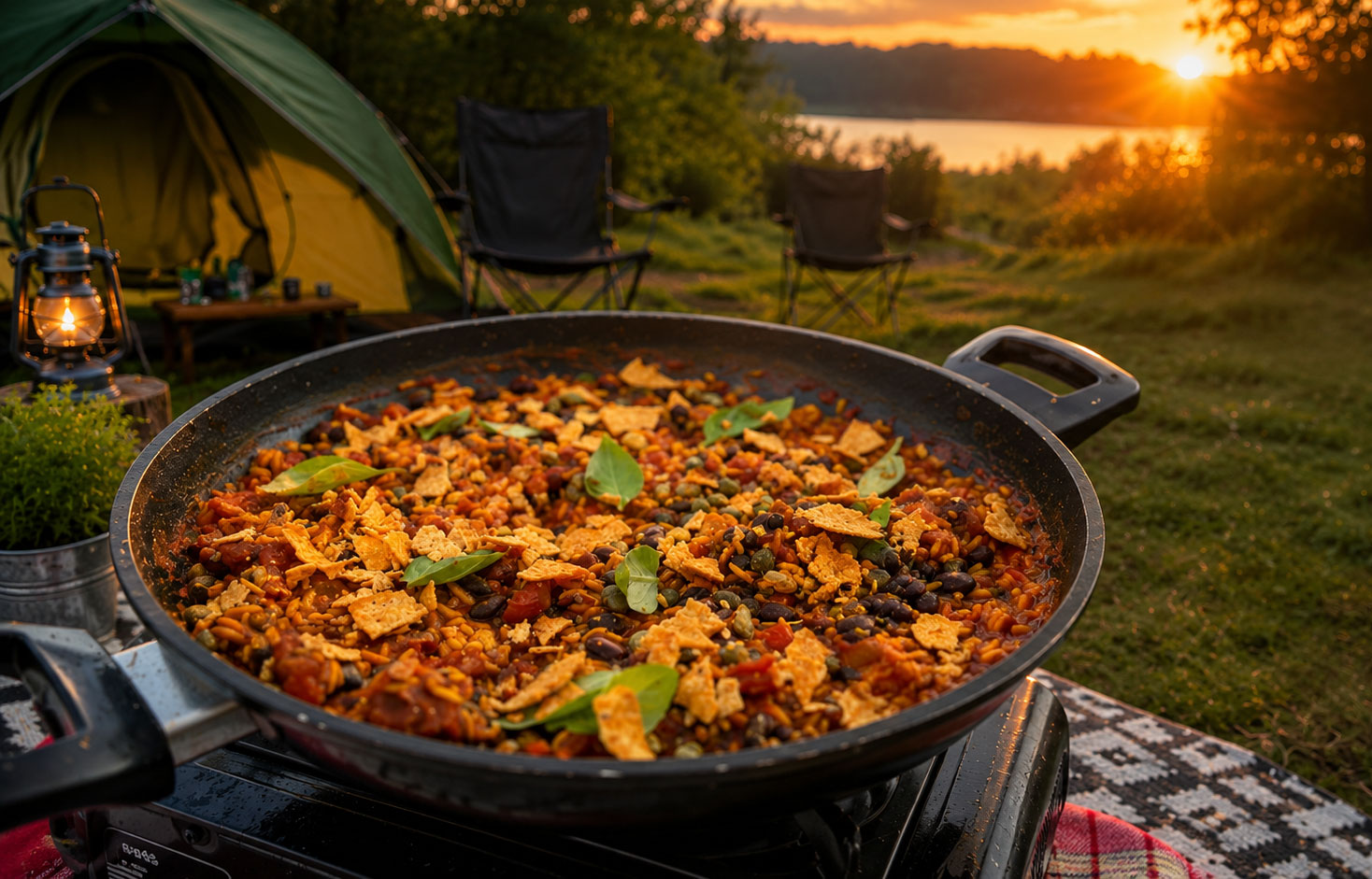 Camping one pot rice & beans met worst in pan