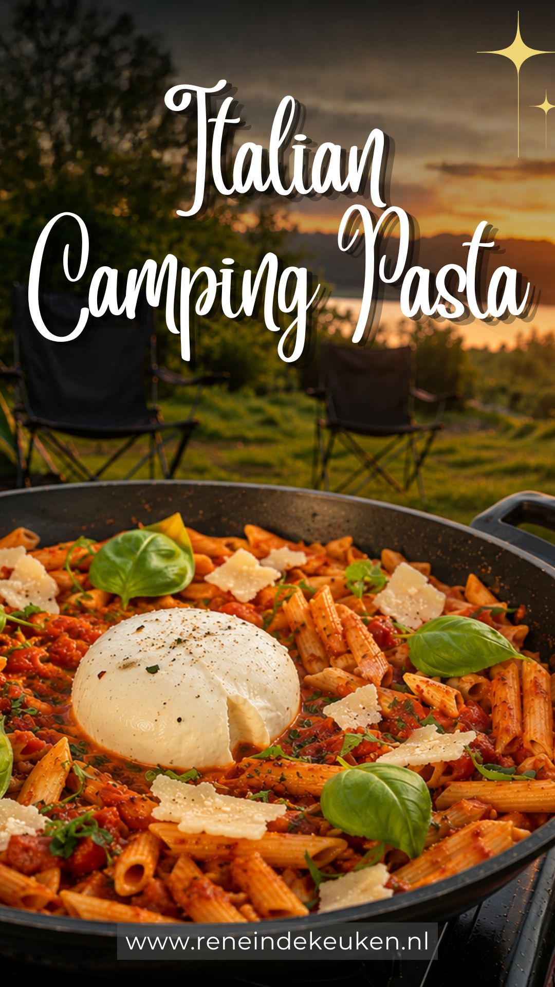 Italian pasta arrabbiata with burrata cooked outdoors