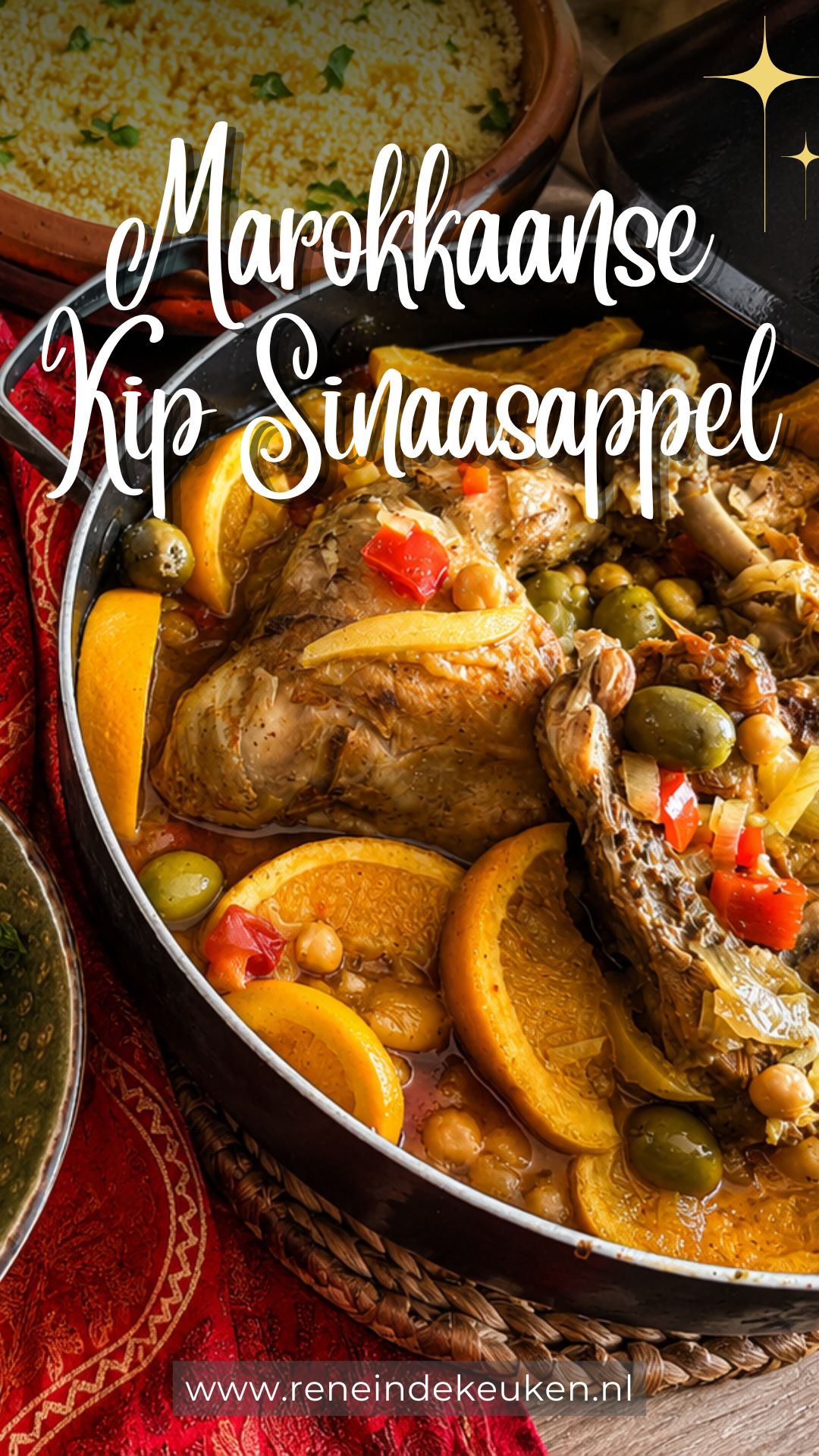 Moroccan chicken tagine with oranges, apricots and olives served with couscous.