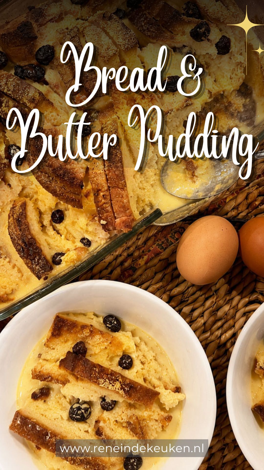 Traditional British Bread and Butter Pudding with creamy custard and raisins baked until golden brown.