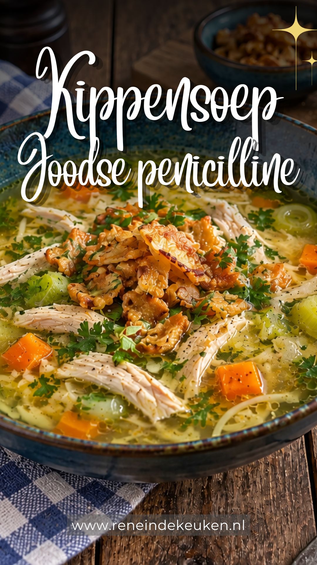 Homemade chicken soup with vegetables, noodles and crispy chicken skin