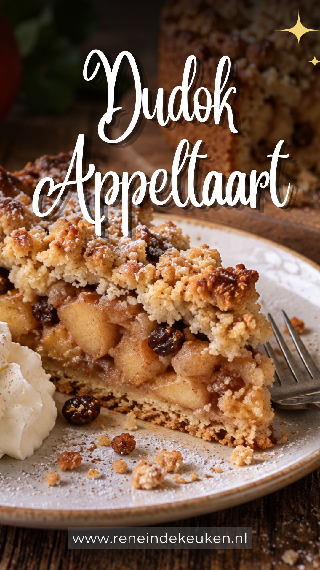 Dudok-style Dutch apple crumble pie with raisins and whipped cream