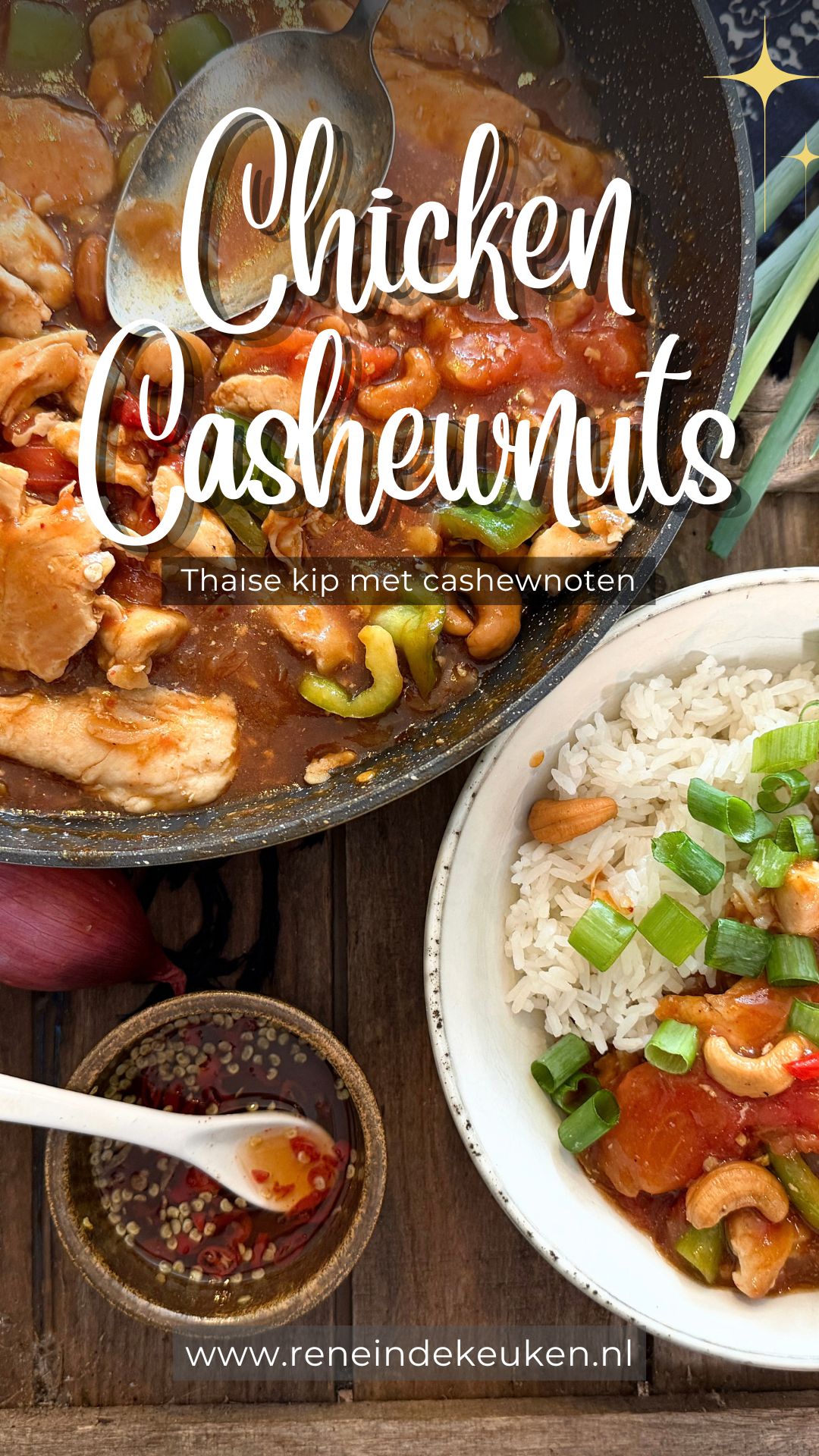 Thai chicken with cashew nuts, bell pepper, tomato and spring onion served with pandan rice