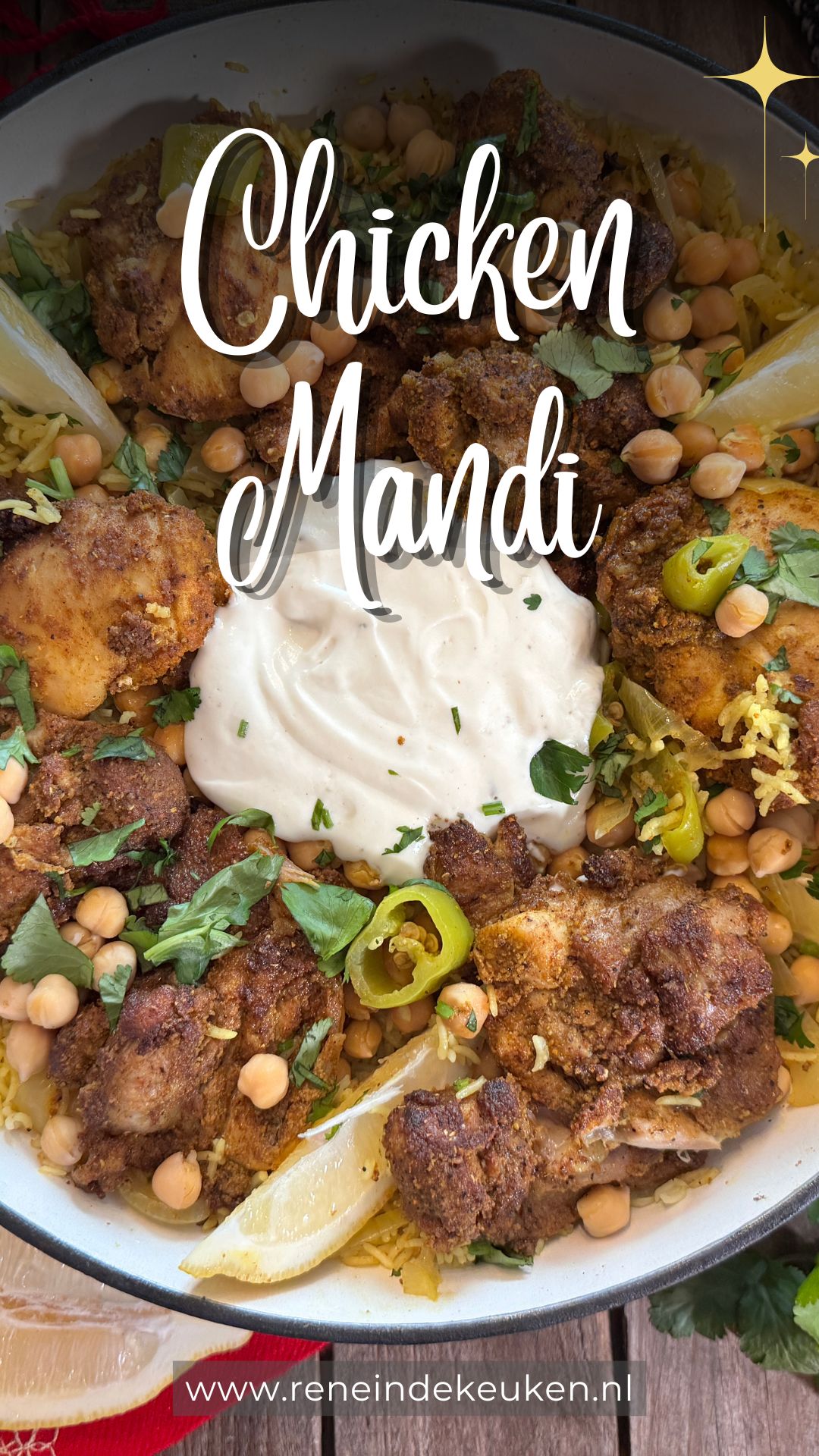 Chicken Mandi with spiced chicken, basmati rice, chickpeas, green pepper, fresh coriander and garlic yogurt sauce.
