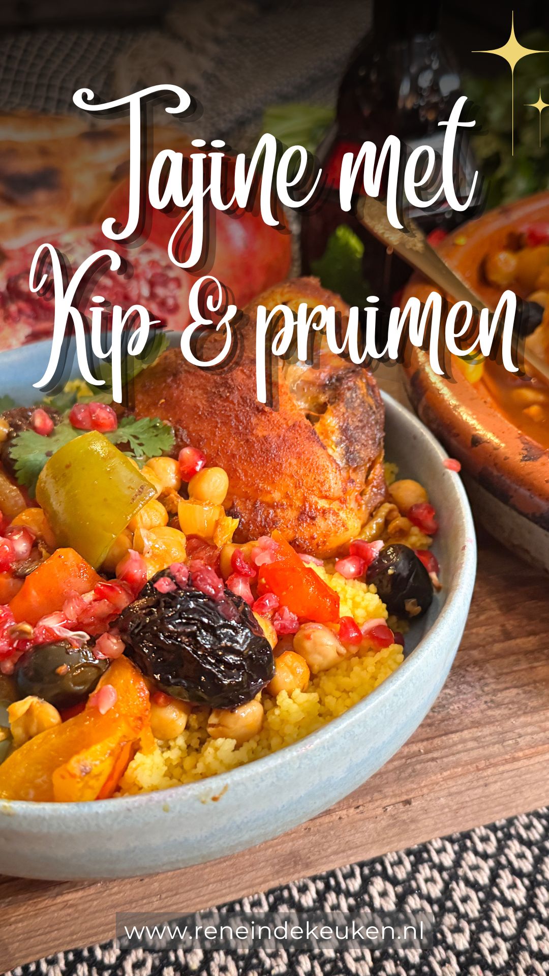 Moroccan chicken and prune tagine with chickpeas, bell pepper and fresh pomegranate seeds