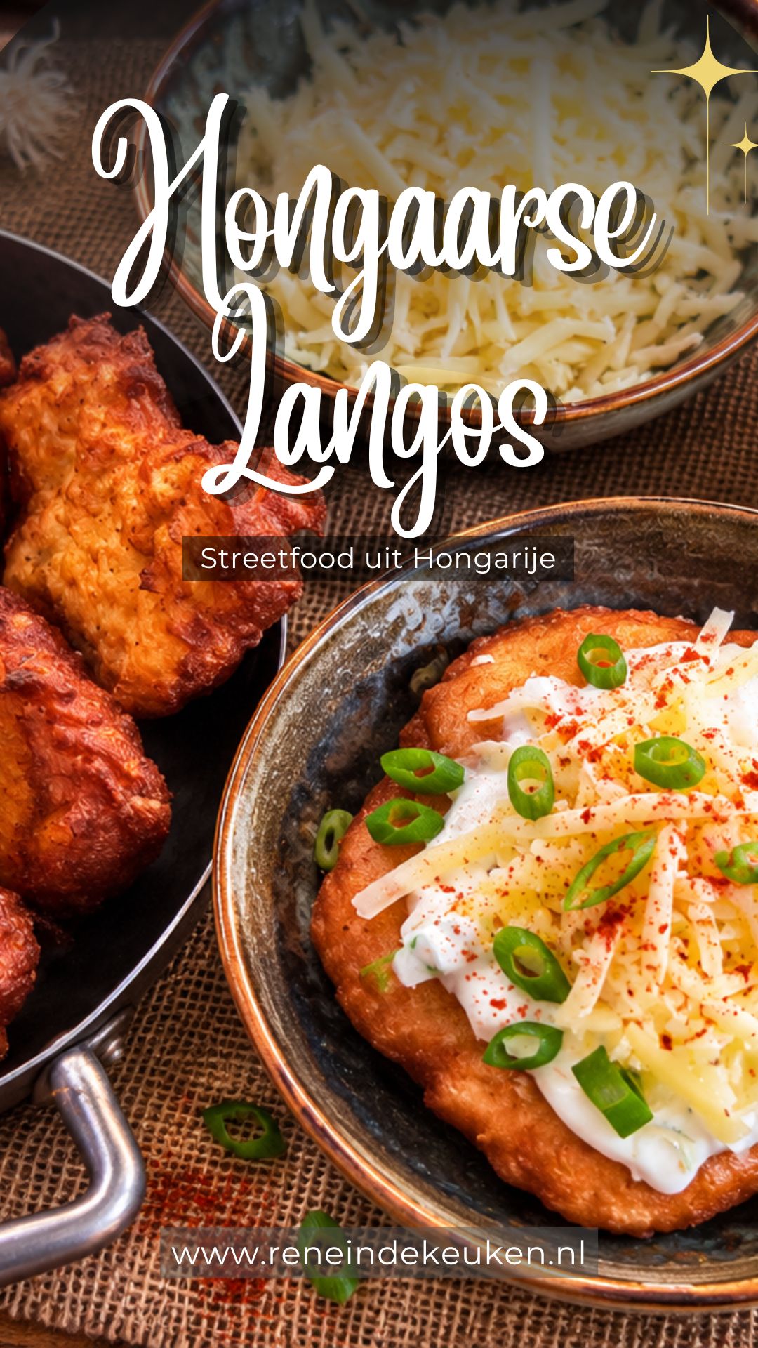 Hungarian lángos topped with garlic, sour cream, grated cheese, spring onion and paprika.