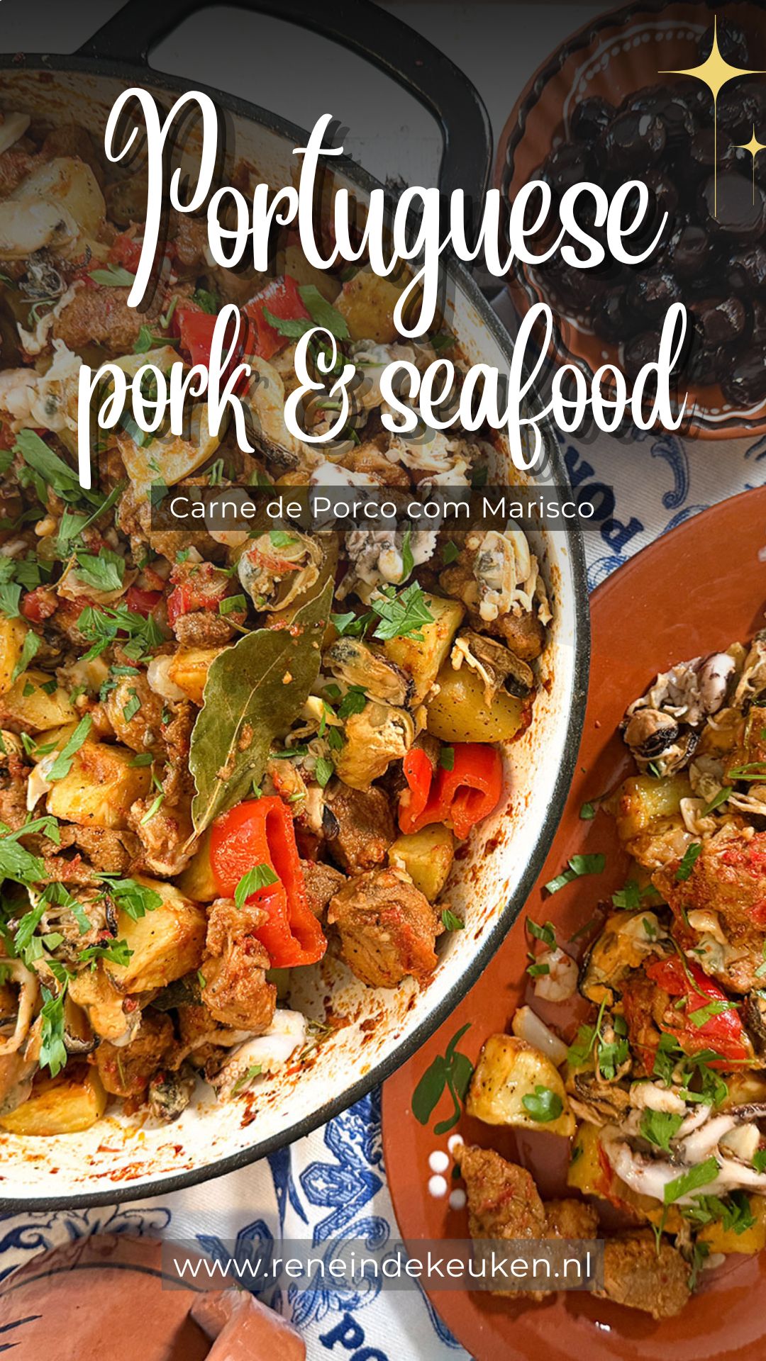 Portuguese surf and turf with tender pork, shrimp, mussels, squid and roasted potatoes in a rich paprika sauce.